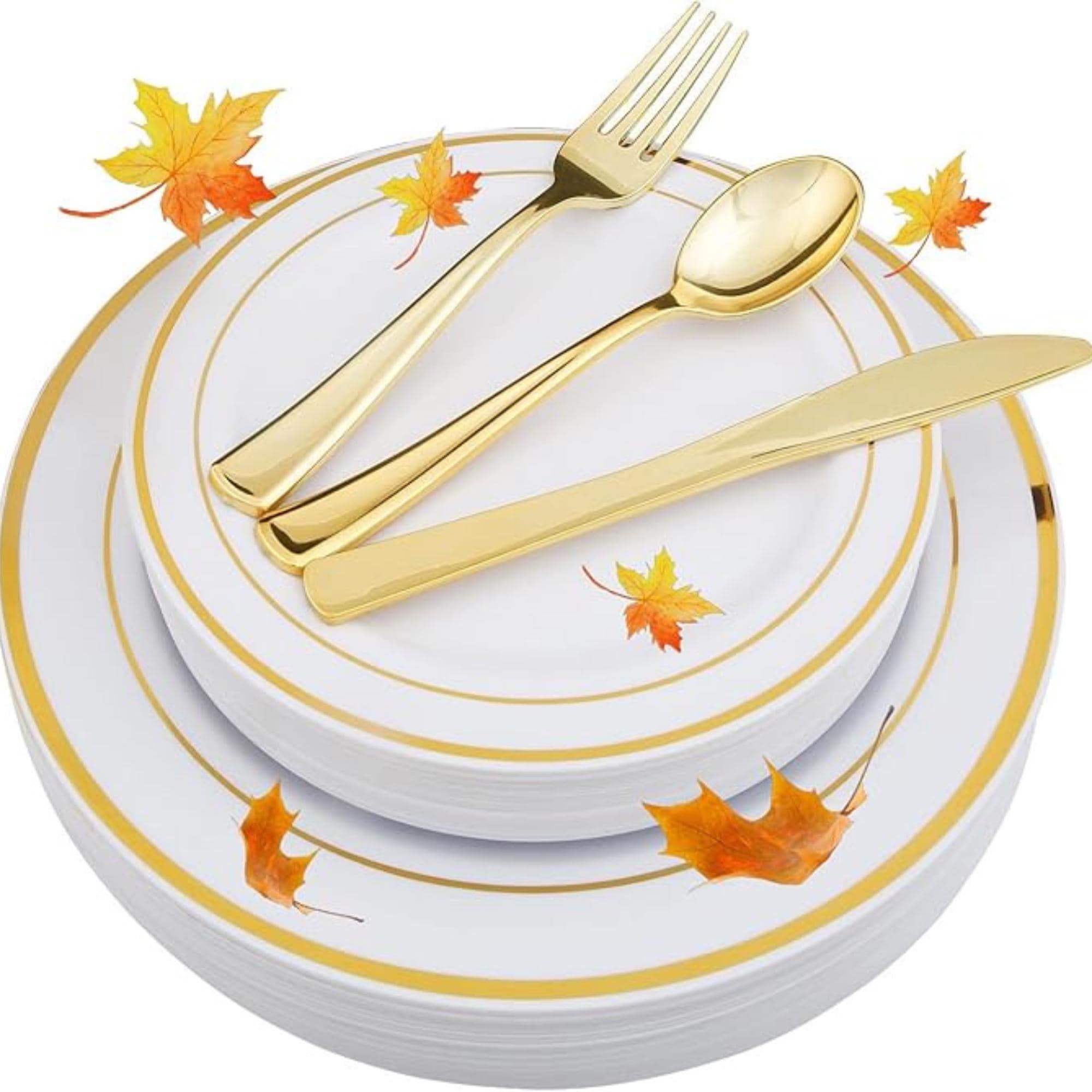 Thanksgiving Plastic Plates Set: 125 Pcs Dinner, Salad Plates & Cutlery for 25
