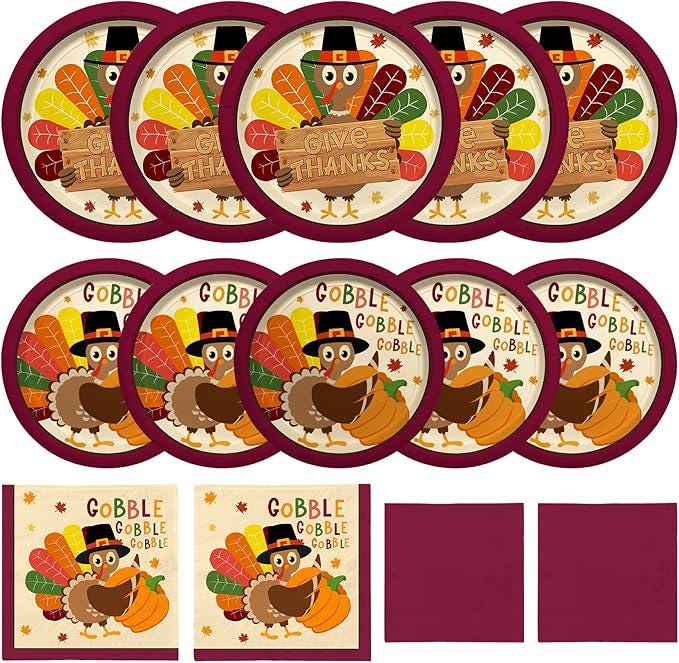 Turkey Thanksgiving Party Supplies Kit: Disposable Plates & Napkins - Serves 50
