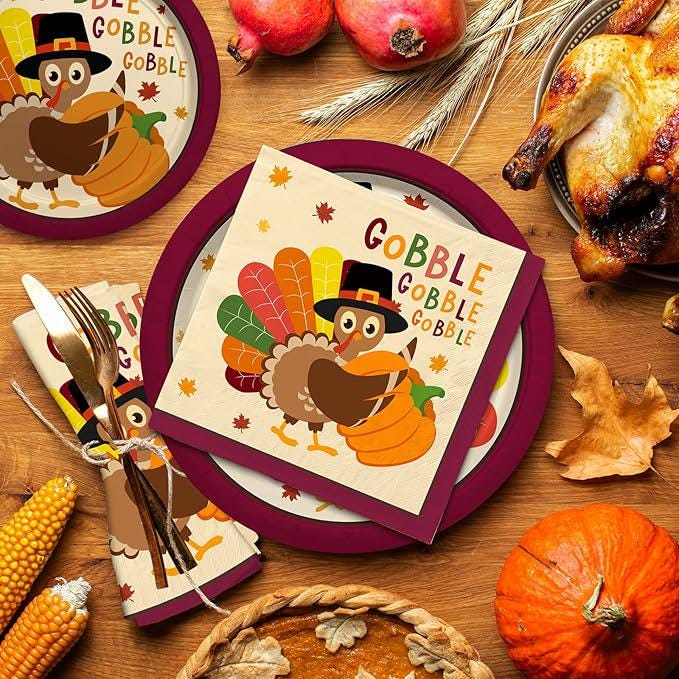 Turkey Thanksgiving Party Supplies Kit: Disposable Plates & Napkins - Serves 50