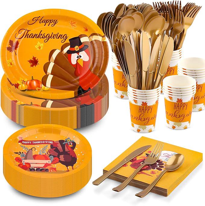 Thanksgiving Paper Plates Set: 210 Pcs for 30 Guests - Plates, Napkins & Cutlery