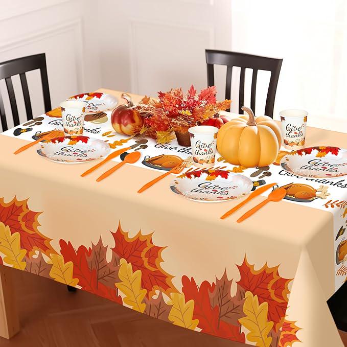 Give Thanks Party Set: 152 Pcs Plates, Cups & Tablecloths for Fall Dinner