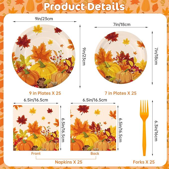 Thanksgiving Plates & Napkins Set: 100 Pcs Pumpkin Dinnerware - Serves 25