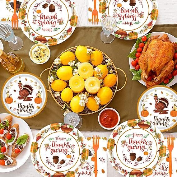 Happy Thanksgiving Tableware: 65 Pcs Turkey Pumpkin Dinnerware - Serves 16