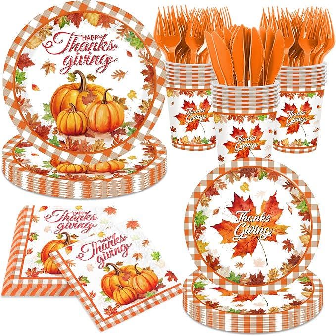 Thanksgiving Plates & Napkins Set: Buffalo Plaid Pumpkin Dinnerware - Serves 24
