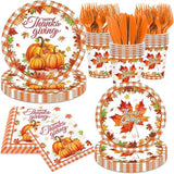 Thanksgiving Plates & Napkins Set: Buffalo Plaid Pumpkin Dinnerware - Serves 24