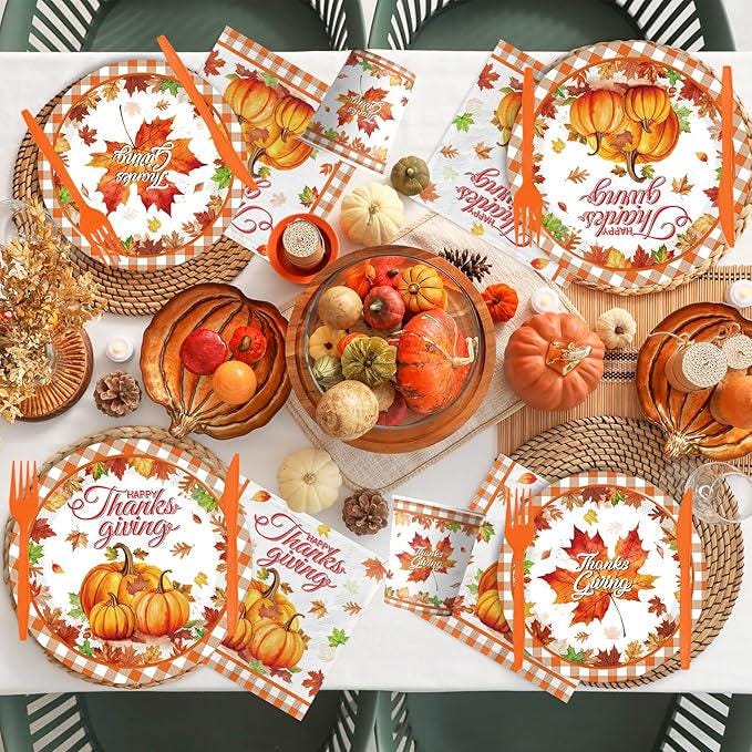Thanksgiving Plates & Napkins Set: Buffalo Plaid Pumpkin Dinnerware - Serves 24