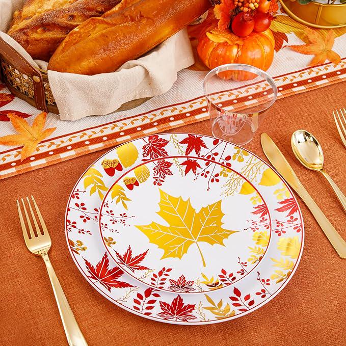 Thanksgiving Plates Dinnerware: 150 Pcs Plastic Plates & Gold Silverware Set
