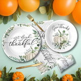 Thanksgiving Plates & Napkins Set: Fall Pumpkin Dinnerware and Cutlery - Serves 24