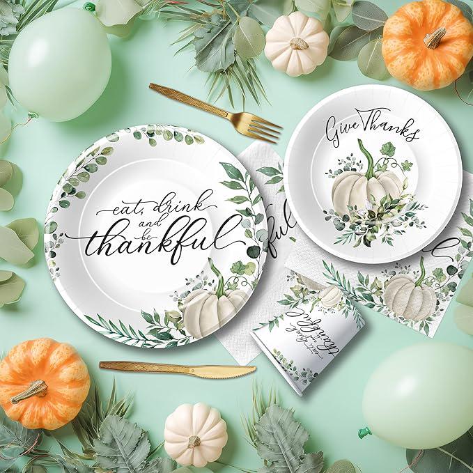 Thanksgiving Plates & Napkins Set: Fall Pumpkin Dinnerware and Cutlery - Serves 24
