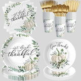 Thanksgiving Plates & Napkins Set: Fall Pumpkin Dinnerware and Cutlery - Serves 24