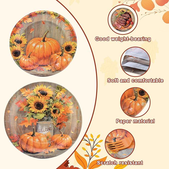 Thanksgiving Tableware Set: 96 Pcs Rustic Pumpkin & Sunflower Dinnerware - Serves 24