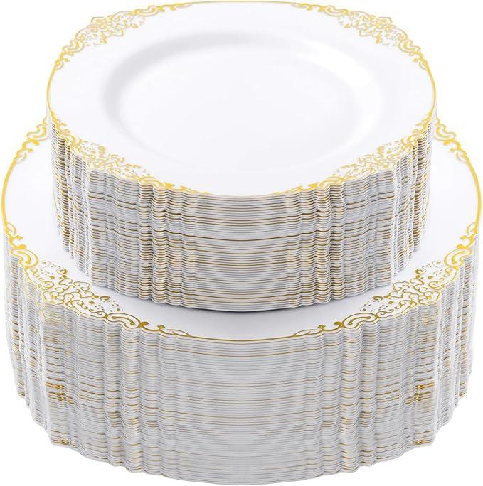 White & Gold Plastic Plates Set: 200 Pcs Dinner and Dessert Plates - Serves 100