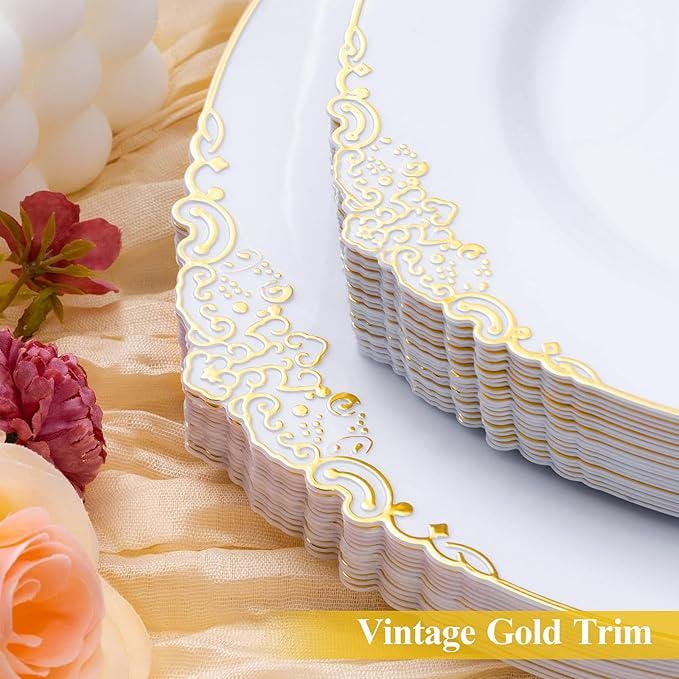 White & Gold Plastic Plates Set: 200 Pcs Dinner and Dessert Plates - Serves 100