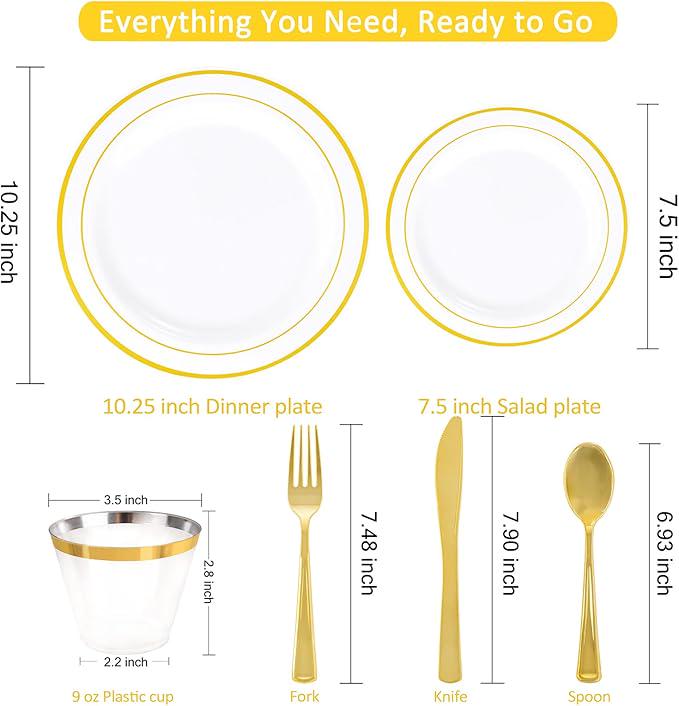 350-Pc Gold Disposable Plates & Cutlery Set - Dinner Plates, Cups and Forks for 50