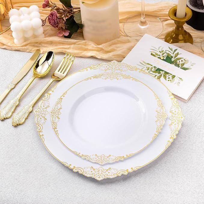 350-Pc Gold Disposable Plates & Cutlery Set - Dinner Plates, Cups and Forks for 50