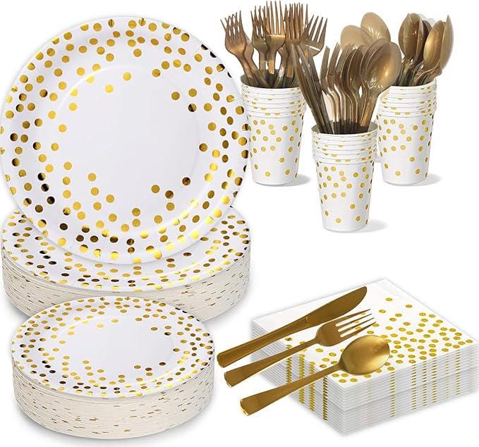 White Gold Paper Plates Set: 175 Pcs Plates, Cups & Napkins for 25 Guests