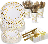 White Gold Paper Plates Set: 175 Pcs Plates, Cups & Napkins for 25 Guests