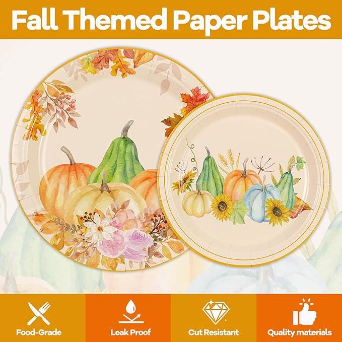 Fall Paper Plates & Napkins Set: 150 Pcs Pumpkin Dinnerware - Serves 50