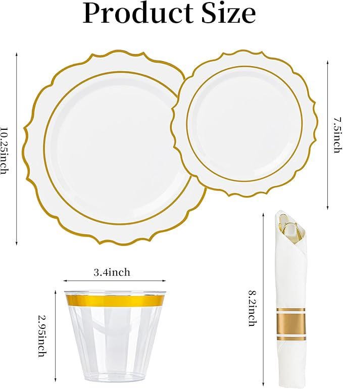 350-Pc White Gold Plastic Dinnerware Set: Plates, Cups, Napkins & Cutlery - 50 Guests