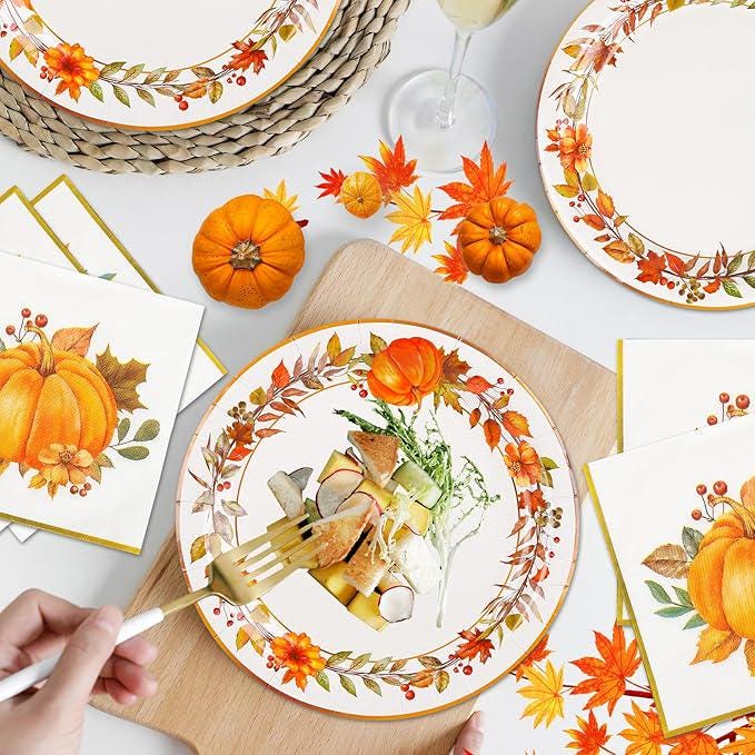 Fall Paper Plates & Napkins Set: 200 Pcs Pumpkin Dinnerware - Serves 50