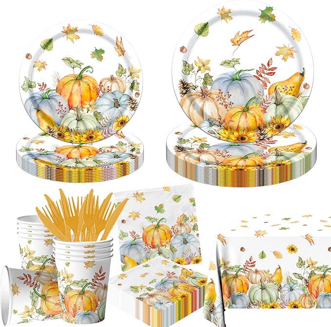 Thanksgiving Tableware: 141 Pcs Fall Pumpkin Plates, Napkins & Cups Set