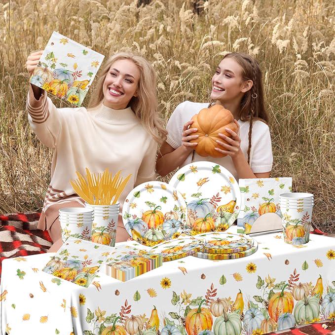 Thanksgiving Tableware: 141 Pcs Fall Pumpkin Plates, Napkins & Cups Set