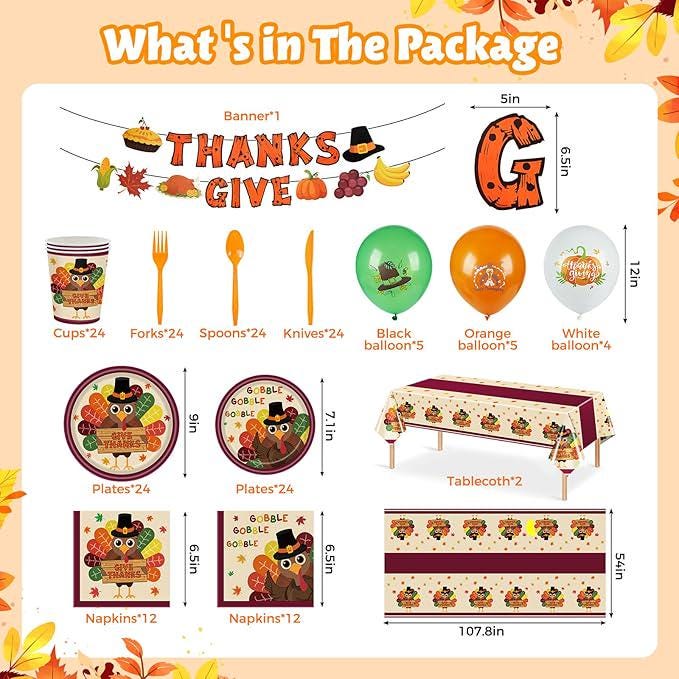 Fall Thanksgiving Party Kit: 185 Pcs Plates, Napkins, Cutlery, Decor - Serves 24