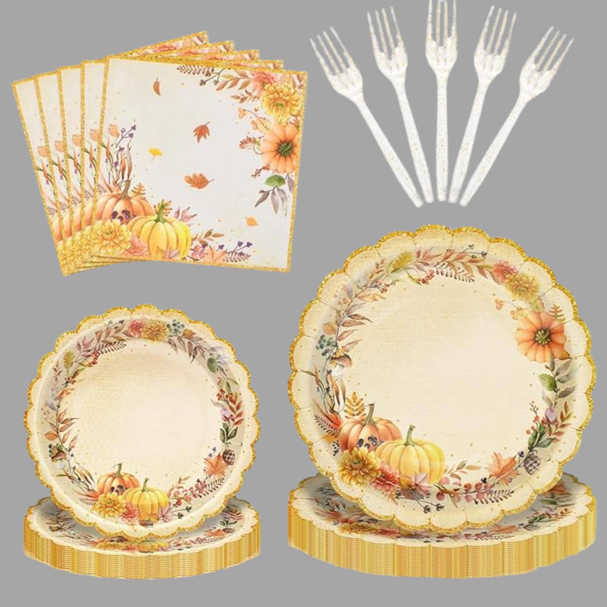 Fall Pumpkin Tableware Set: 96 Pcs Scalloped Plates, Napkins & Forks - Serves 24