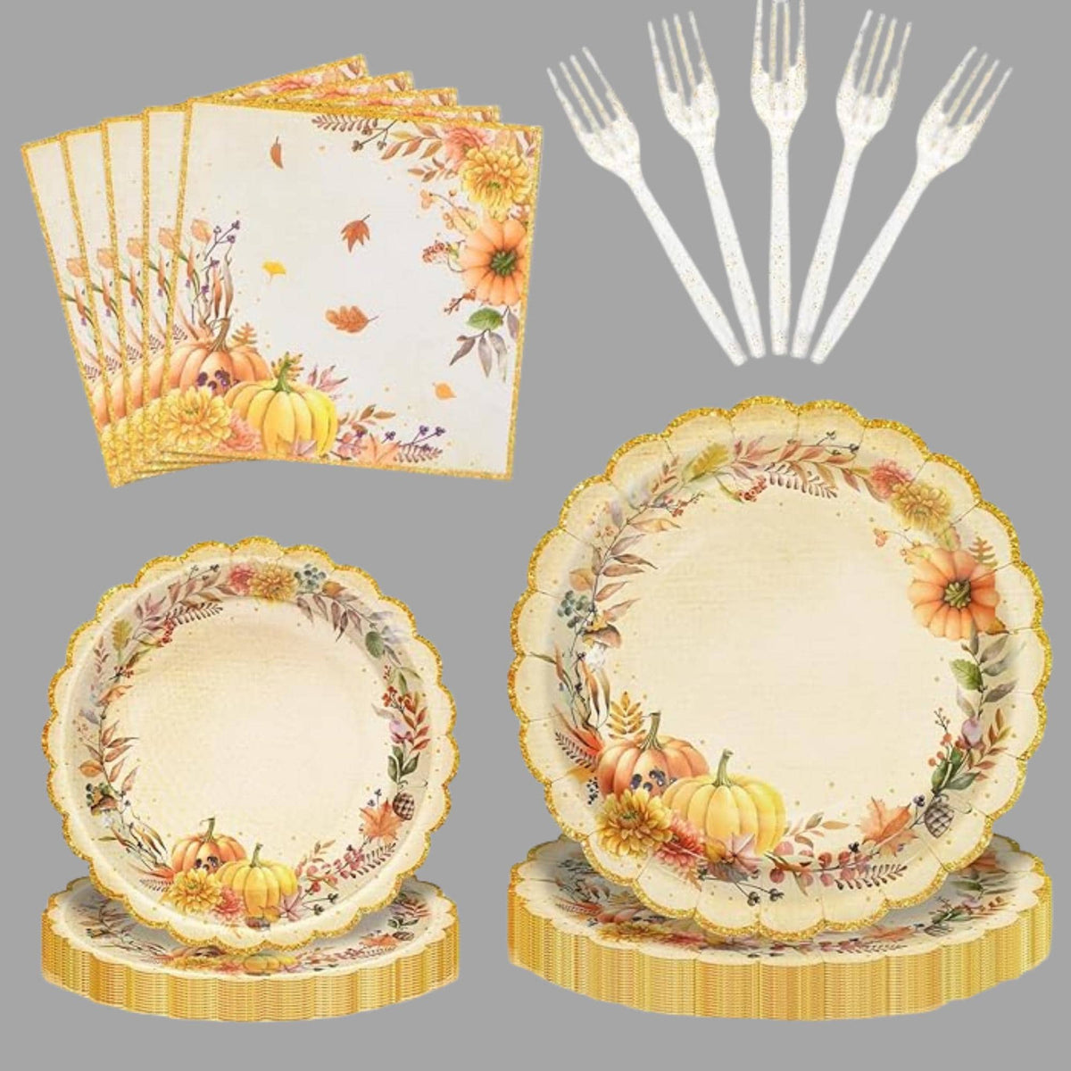 Fall Pumpkin Tableware Set: 96 Pcs Scalloped Plates, Napkins & Forks - Serves 24