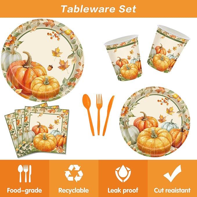 Thanksgiving Party Decorations: 140 Pcs Plates, Napkins & Cutlery - Serves 20