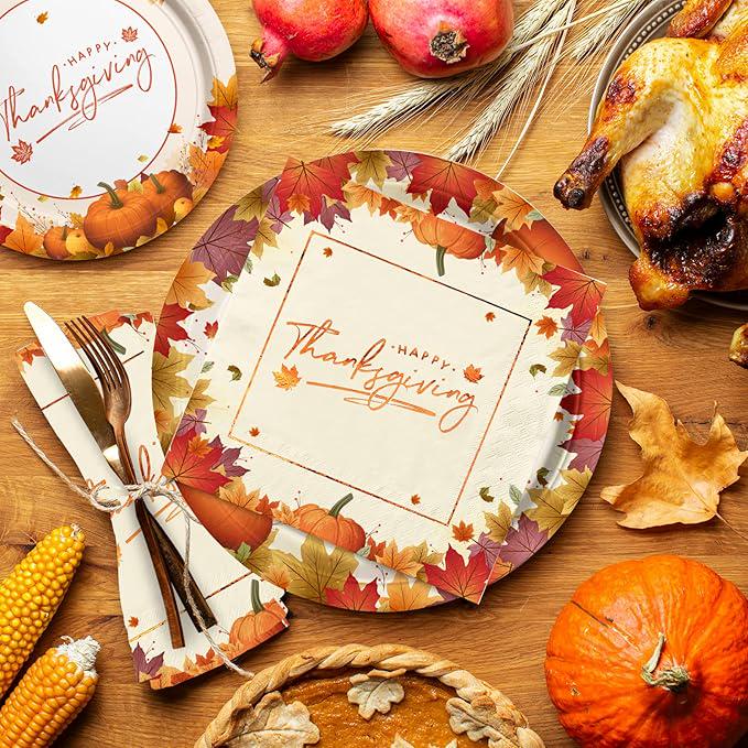 Thanksgiving Plates & Napkins Set: Maple Leaves Dinnerware and Tablecloth - Serves 25