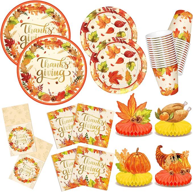 Thanksgiving Plates & Napkins Dinnerware Set: 129 Pcs Plates, Cups and Centerpieces