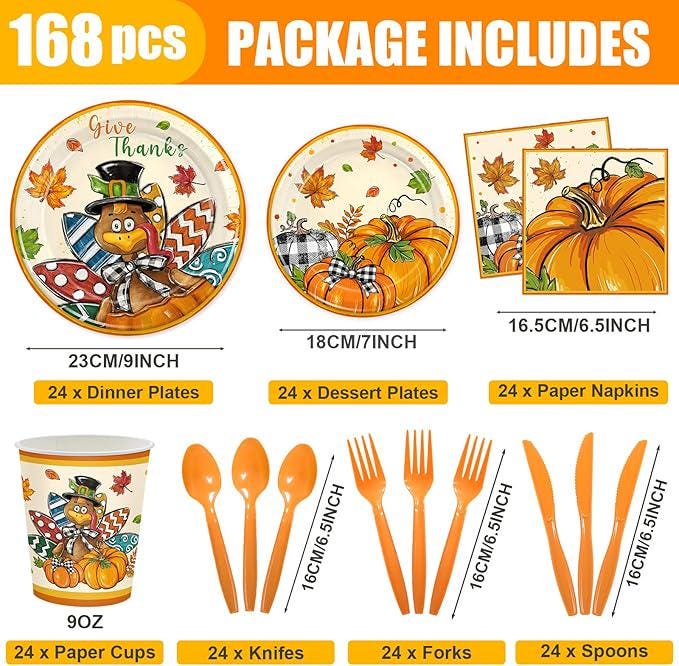 168 Pcs Turkey Thanksgiving Party Supplies: Watercolor Plates, Cups & Napkins Set