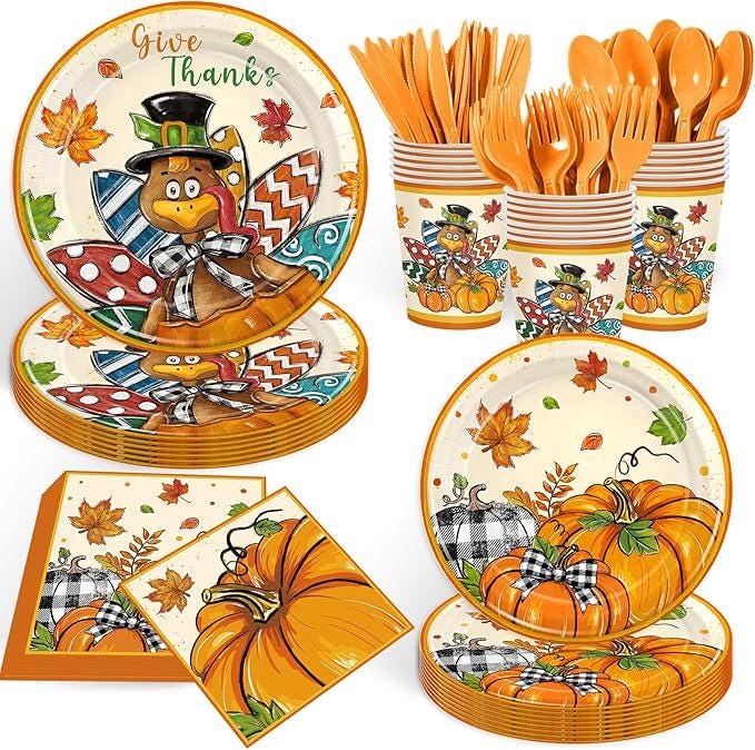 168 Pcs Turkey Thanksgiving Party Supplies: Watercolor Plates, Cups & Napkins Set