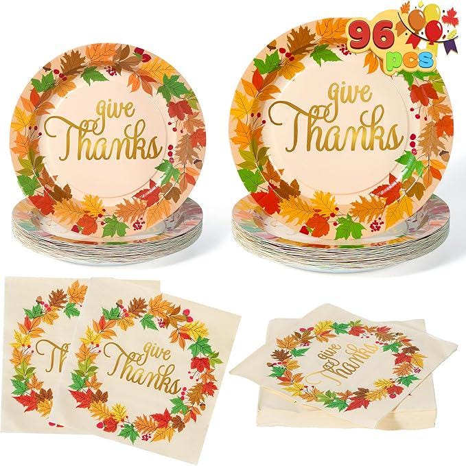 Thanksgiving Plates & Napkins Set: 100 Pcs "Give Thanks" Dinnerware - Serves 25