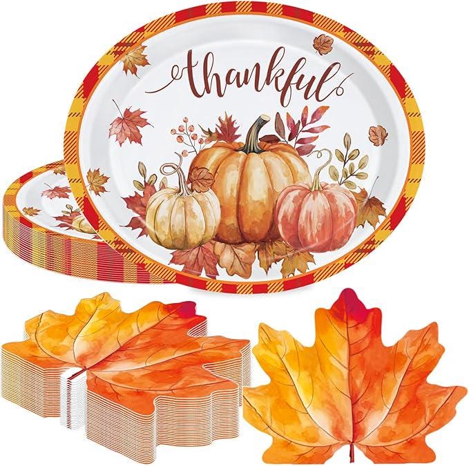 50 Pcs Thanksgiving Oval Plates & Maple Leaf Napkins - Large Fall Dinnerware Set