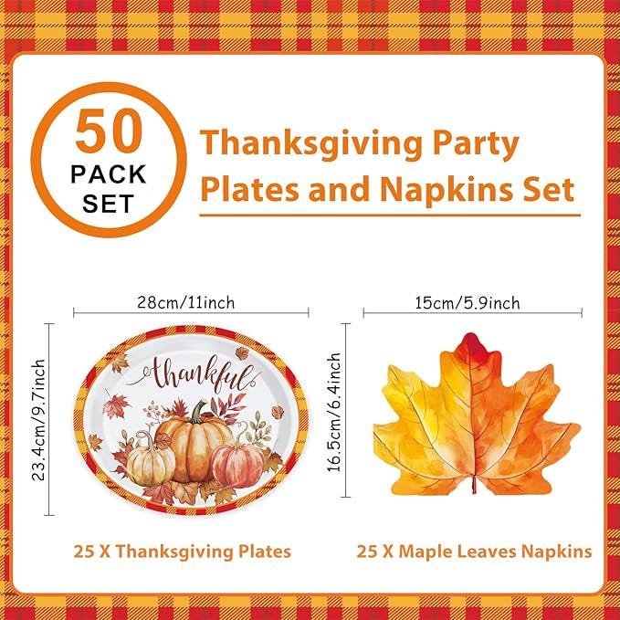 50 Pcs Thanksgiving Oval Plates & Maple Leaf Napkins - Large Fall Dinnerware Set