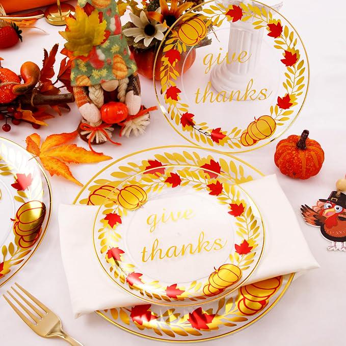 Thanksgiving Plastic Plates: Gold Leaf Pumpkin, Maple Leaf, (60 Pcs)