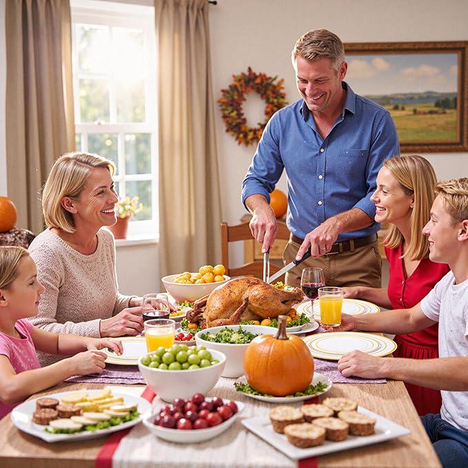 Gold Plastic Plates Set: Heavy Duty Dinnerware, Cutlery & Cups - Serves 25