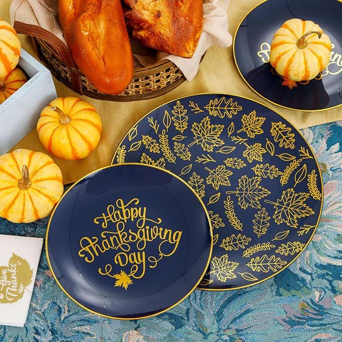 Thanksgiving Plastic Plates Set: 175 Pcs Blue Gold Dinnerware & Cutlery - Serves 25