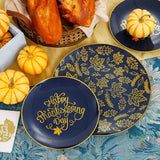 Thanksgiving Plastic Plates Set: 175 Pcs Blue Gold Dinnerware & Cutlery - Serves 25