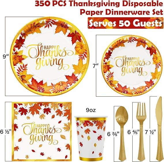 Thanksgiving Fall Dinnerware Set: 350 Pcs Maple Leaves Plates, Cups & Cutlery