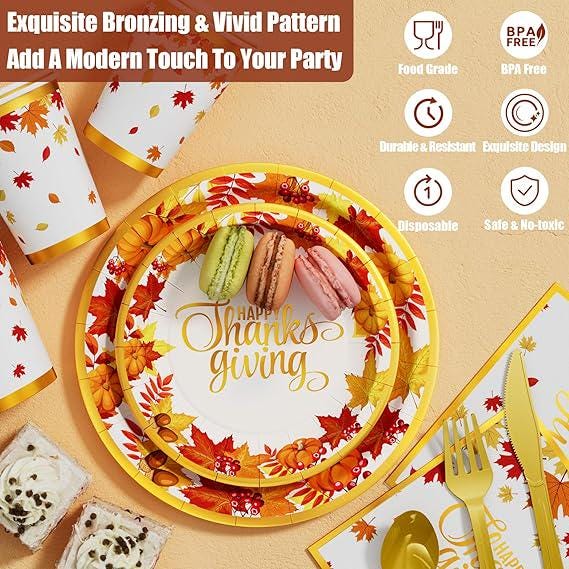 Thanksgiving Fall Dinnerware Set: 350 Pcs Maple Leaves Plates, Cups & Cutlery