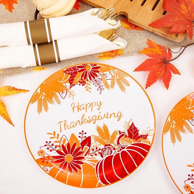 Thanksgiving Plastic Plates Set: 210 Pcs Orange/Red Dinnerware, Cutlery & Cups