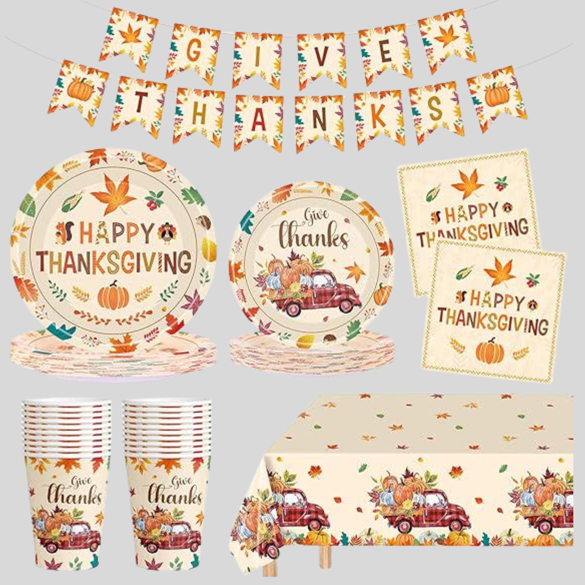 102pcs Thanksgiving Party Supplies Set Plates Napkins Cups Banner Tablecloth
