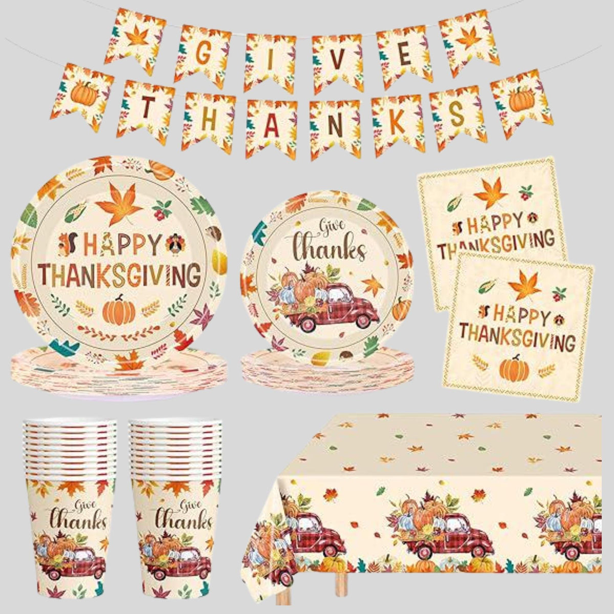 102pcs Thanksgiving Party Supplies Set Plates Napkins Cups Banner Tablecloth