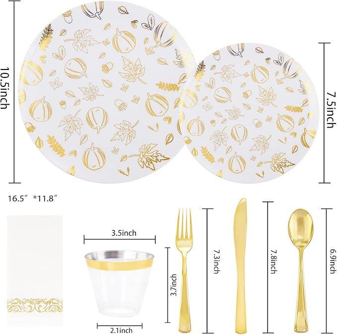 Gold Thanksgiving Plastic Plates Set 175 Pcs Disposable Fall Tableware for 25 Guests