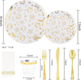 Gold Thanksgiving Plastic Plates Set 175 Pcs Disposable Fall Tableware for 25 Guests