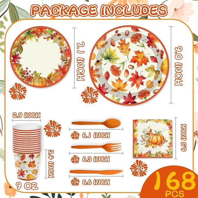Thanksgiving Paper Plates and Napkins Set 168 Pcs Fall Dinnerware for 24 Guests