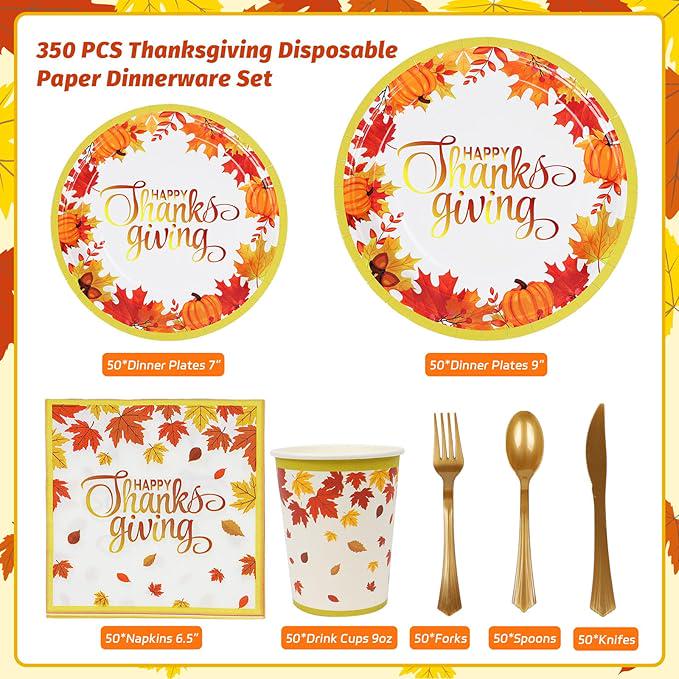 Thanksgiving Disposable Dinnerware Set 350 Pcs with Plates Cups Napkins and Cutlery